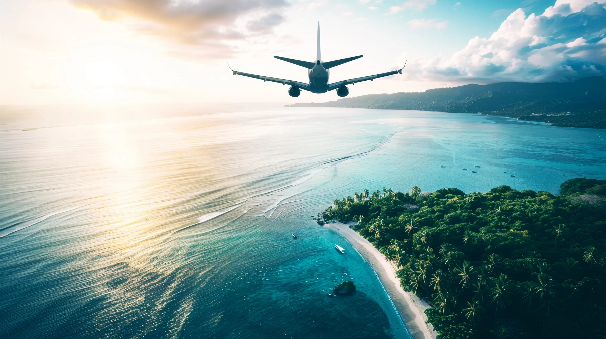 An aeroplane crossing the coast above a tropical shore.