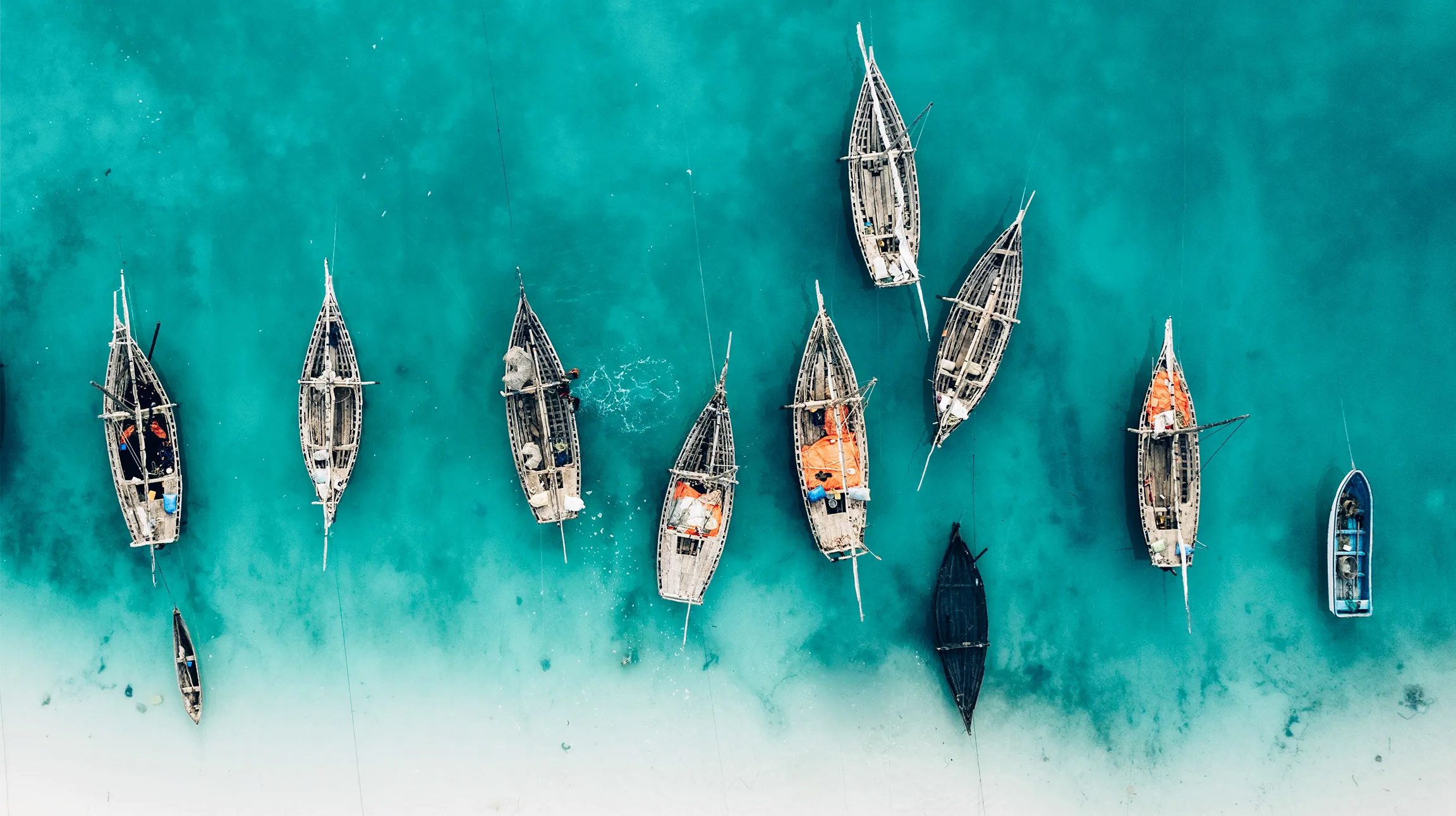 Traditional wooden boats moored off a Zanzibar shore.
